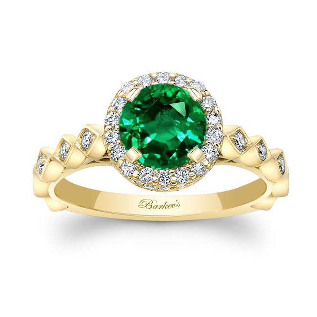 Yellow Gold Vintage Halo Lab Grown Emerald And Diamond Ring