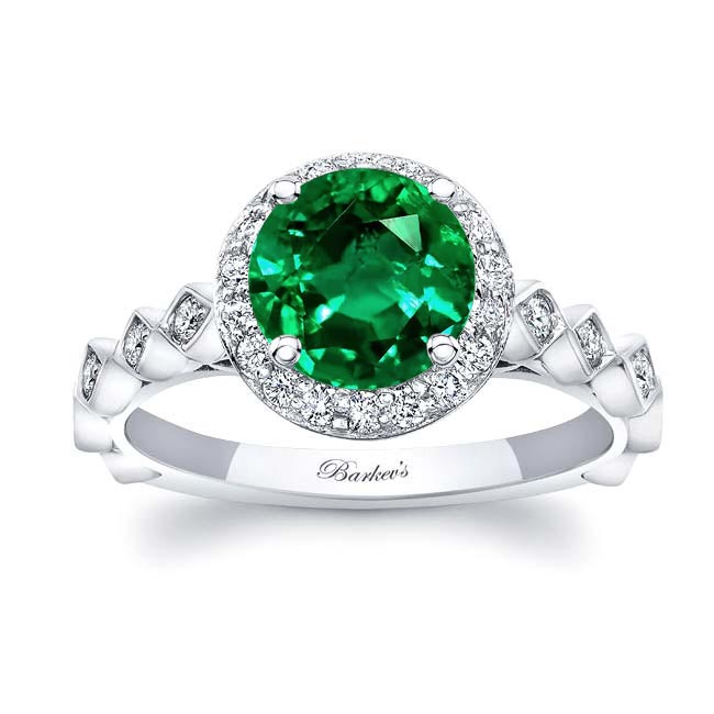 White Gold Vintage Halo Emerald And Diamond Engagement Ring