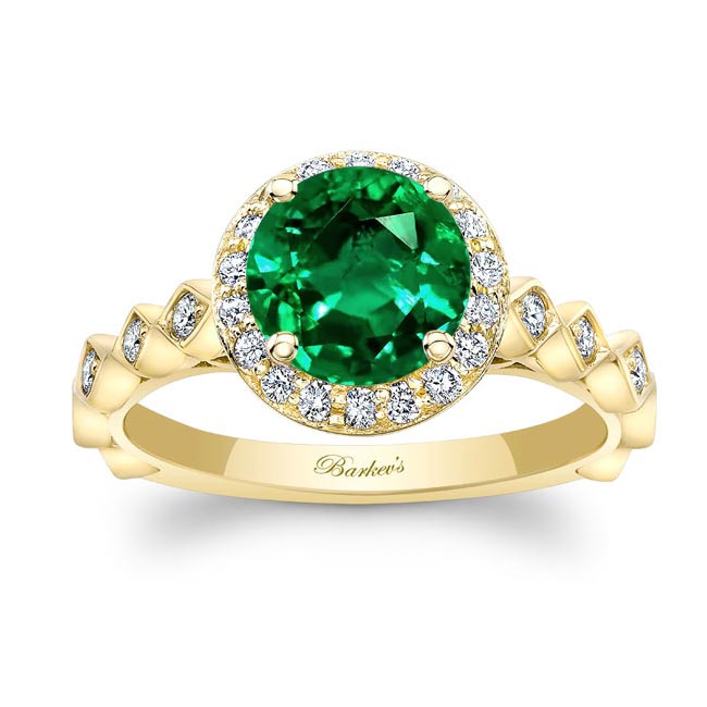 Yellow Gold Vintage Halo Lab Grown Emerald And Diamond Engagement Ring