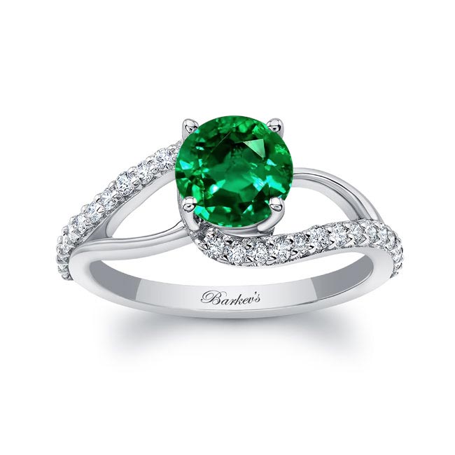 White Gold Split Shank Emerald And Diamond Ring