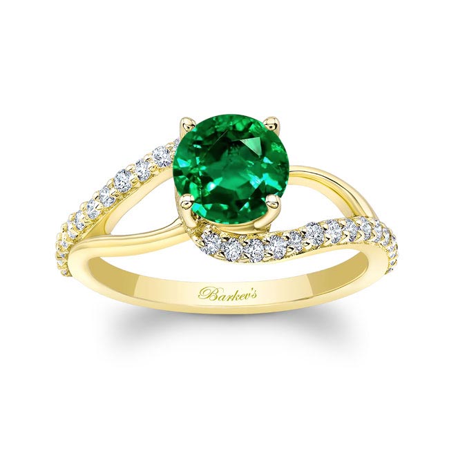Yellow Gold Split Shank Lab Grown Emerald And Diamond Ring