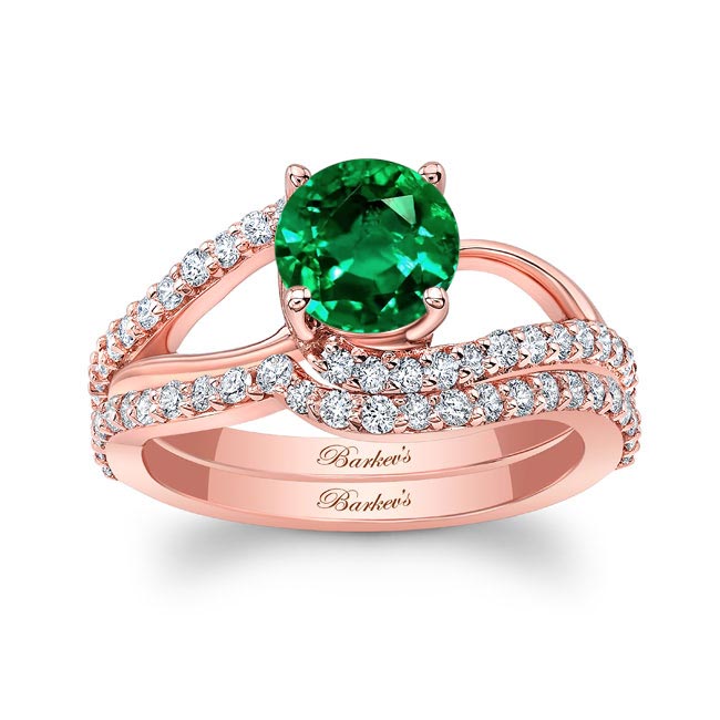 Rose Gold Split Shank Emerald And Diamond Bridal Set