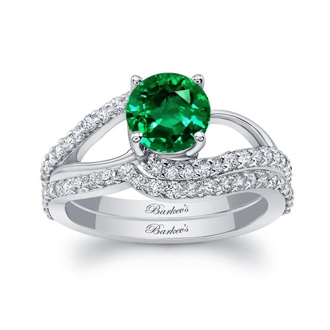White Gold Split Shank Lab Grown Emerald And Diamond Bridal Set