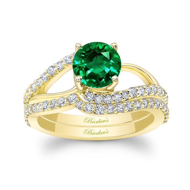 Yellow Gold Split Shank Emerald And Diamond Bridal Set