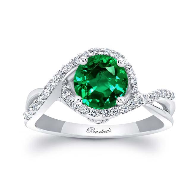 White Gold Twisted Halo Emerald And Diamond Engagement Ring