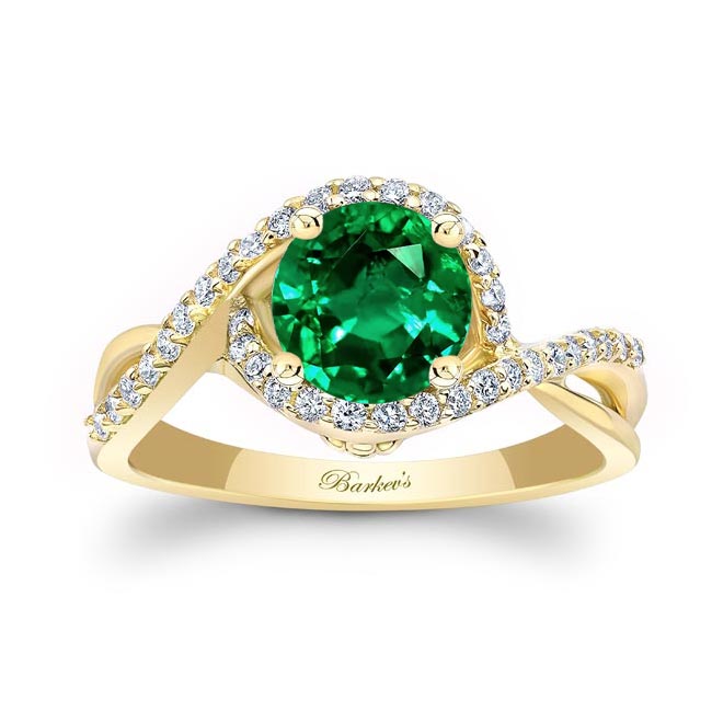 Yellow Gold Twisted Halo Lab Grown Emerald And Diamond Engagement Ring