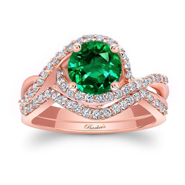 Rose Gold Twisted Halo Emerald And Diamond Wedding Set