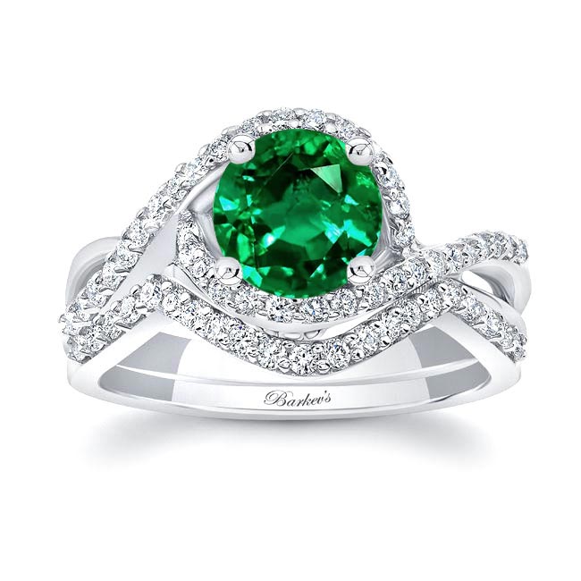 White Gold Twisted Halo Emerald And Diamond Wedding Set