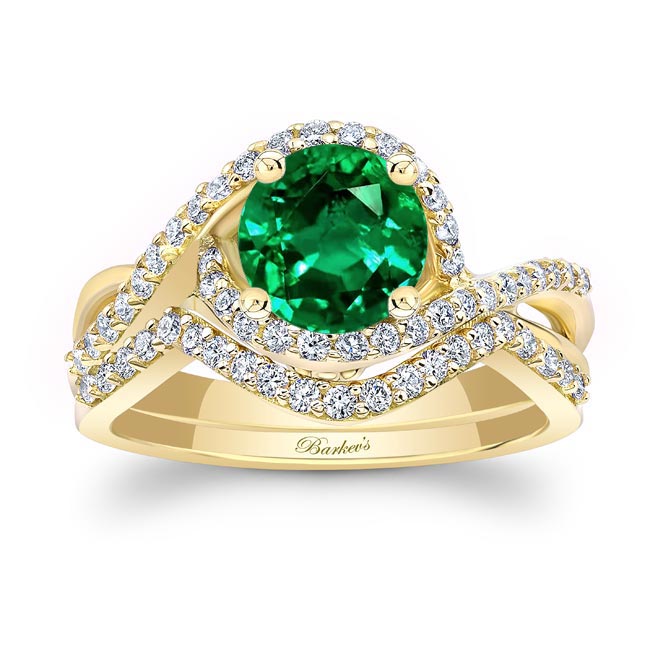 Yellow Gold Twisted Halo Lab Grown Emerald And Diamond Wedding Set