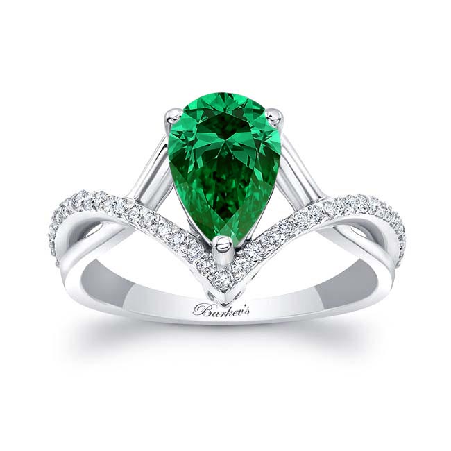 Platinum Unique Pear Shaped Lab Emerald And Diamond Ring