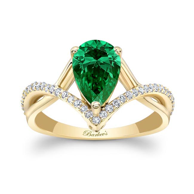 Yellow Gold Unique Pear Shaped Lab Emerald And Diamond Ring