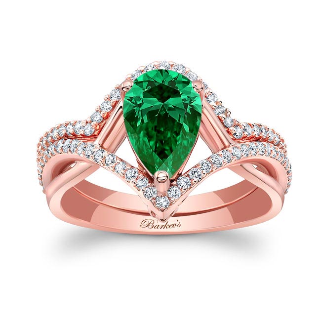 Rose Gold Unique Pear Shaped Lab Emerald And Diamond Wedding Set