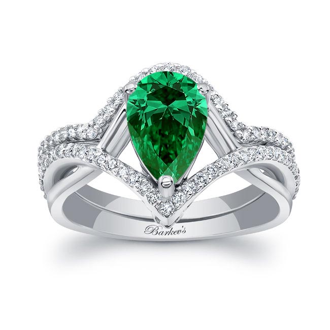 Unique Pear Shaped Lab Emerald And Diamond Wedding Set