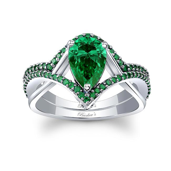 Platinum Unique Pear Shaped Lab Emerald Wedding Set