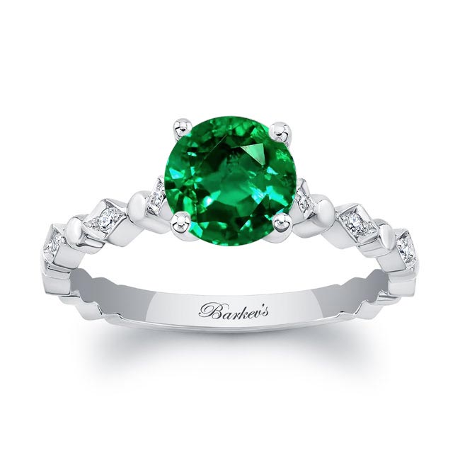 White Gold Art Deco Lab Grown Emerald And Diamond Engagement Ring