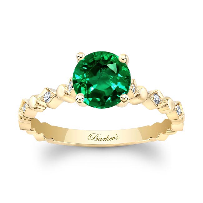 Yellow Gold Art Deco Lab Grown Emerald And Diamond Engagement Ring