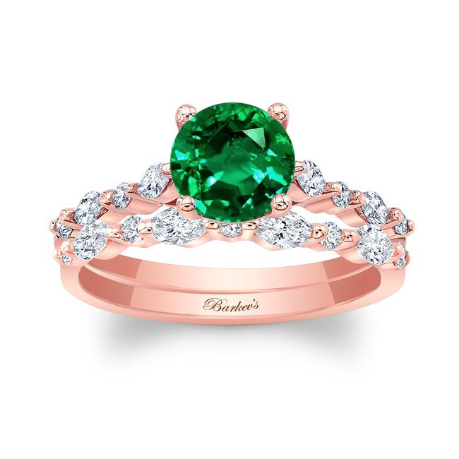 Rose Gold Vintage Style Lab Emerald And Diamond Wedding Ring Set