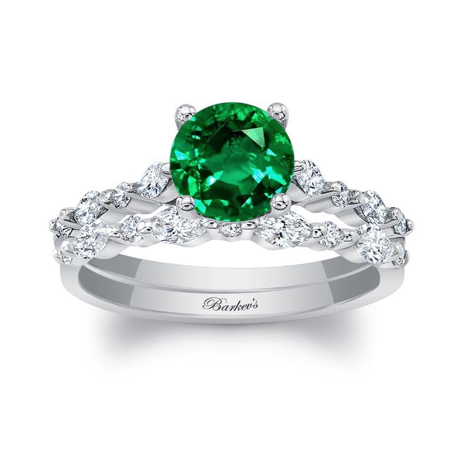 White Gold Vintage Style Lab Emerald And Diamond Wedding Ring Set