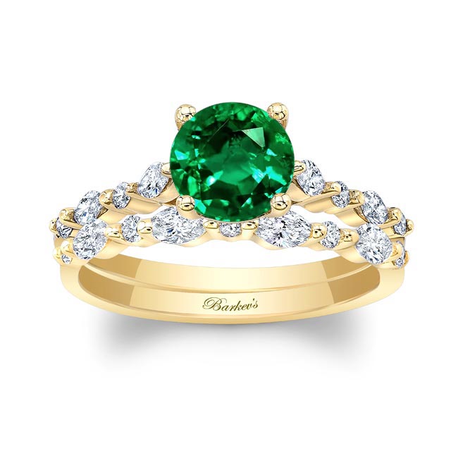 Yellow Gold Vintage Style Lab Emerald And Diamond Wedding Ring Set