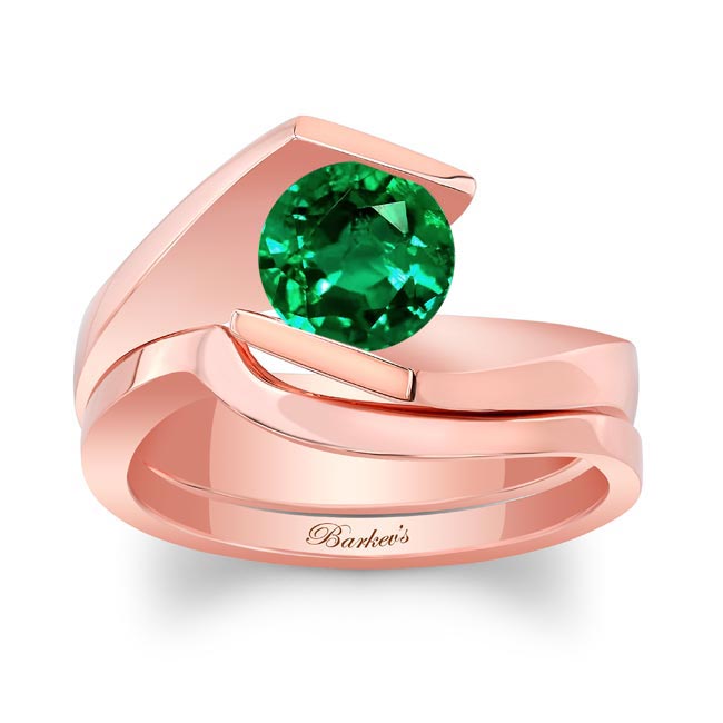 Rose Gold Tension Solitaire Lab Grown Emerald Bridal Set