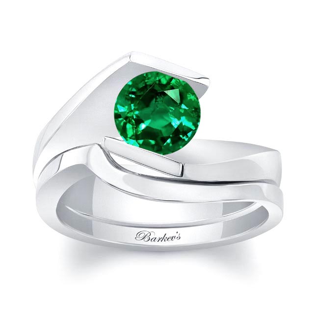 White Gold Tension Solitaire Lab Grown Emerald Bridal Set