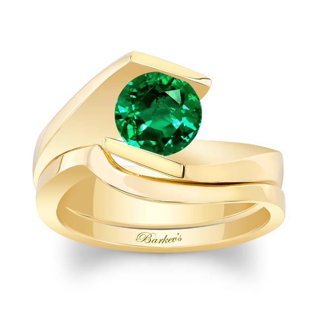 Yellow Gold Tension Solitaire Lab Grown Emerald Bridal Set