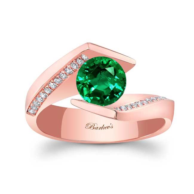 Rose Gold Tension Setting Lab Grown Emerald And Diamond Ring