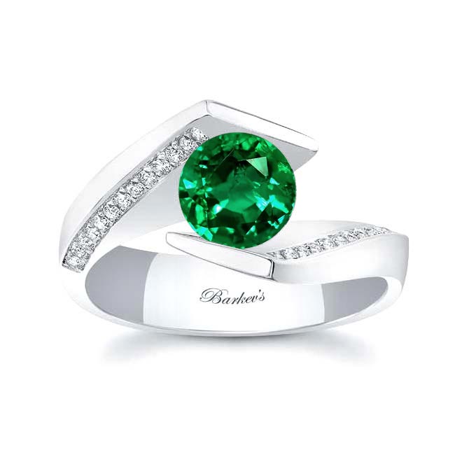Platinum Tension Setting Lab Grown Emerald And Diamond Ring