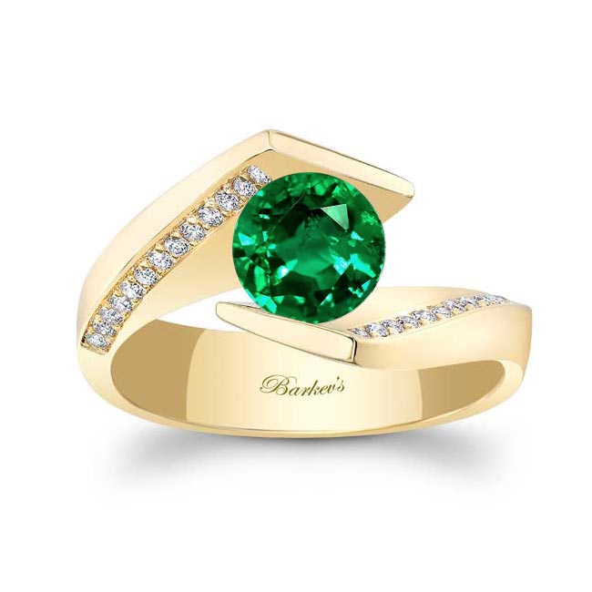 Yellow Gold Tension Setting Emerald And Diamond Ring