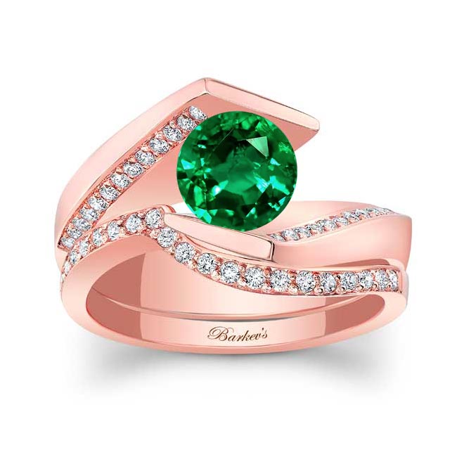 Rose Gold Tension Setting Lab Grown Emerald And Diamond Bridal Set