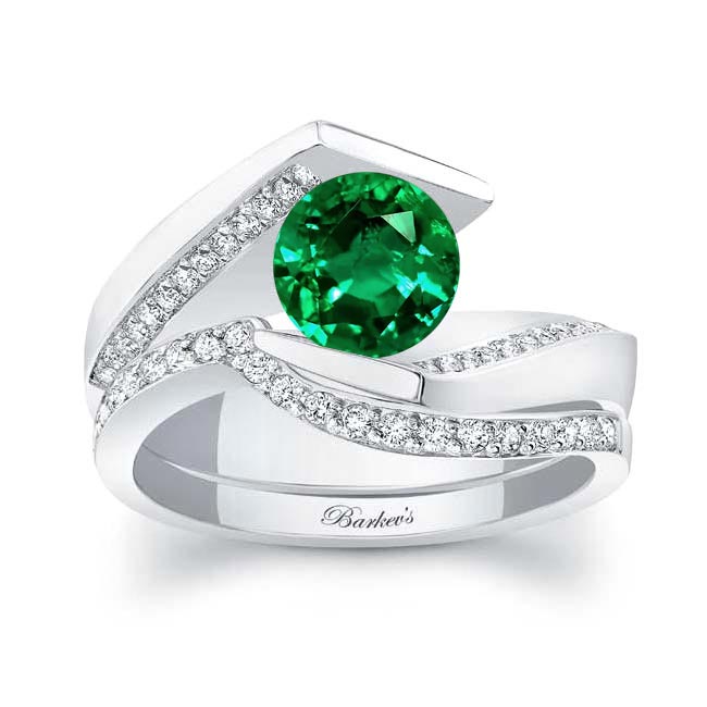 White Gold Tension Setting Lab Grown Emerald And Diamond Bridal Set
