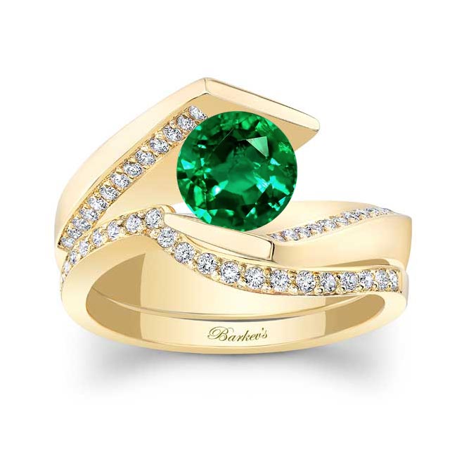 Yellow Gold Tension Setting Lab Grown Emerald And Diamond Bridal Set