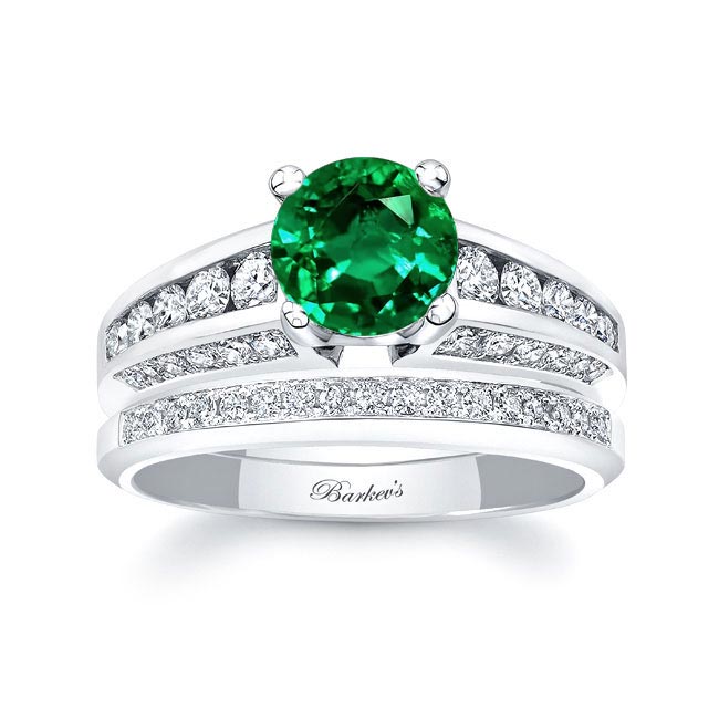 White Gold Emerald And Diamond Channel Set Wedding Ring Set