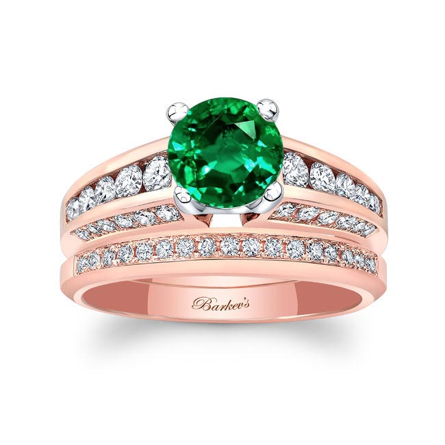 Rose Gold Emerald And Diamond Channel Set Wedding Ring Set