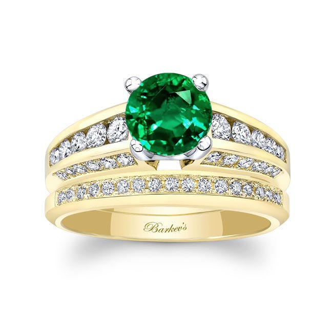 Yellow Gold Lab Emerald And Diamond Channel Set Wedding Ring Set