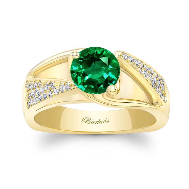 Yellow Gold 3 Row Lab Emerald And Diamond Ring
