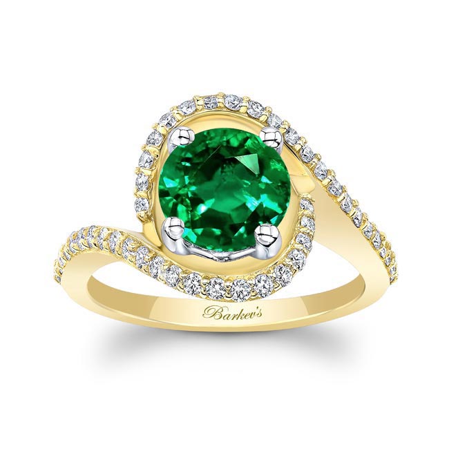 Yellow Gold Floating Halo Emerald And Diamond Engagement Ring