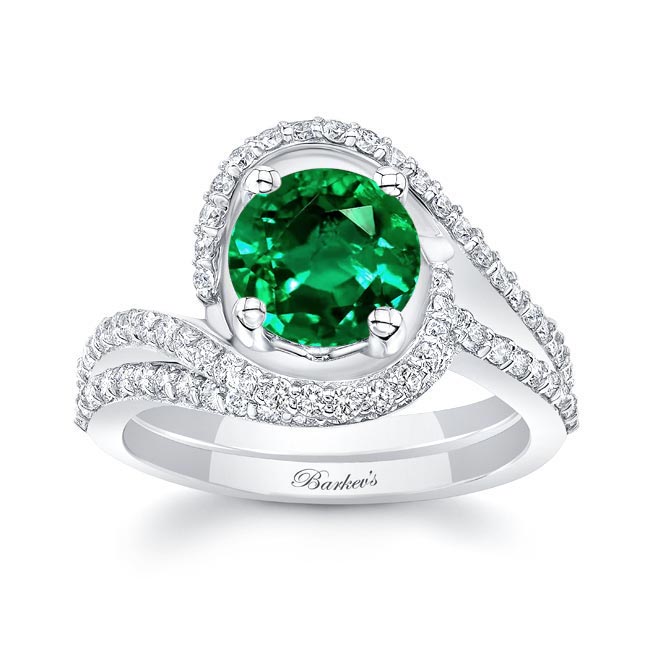White Gold Floating Halo Emerald And Diamond Bridal Set