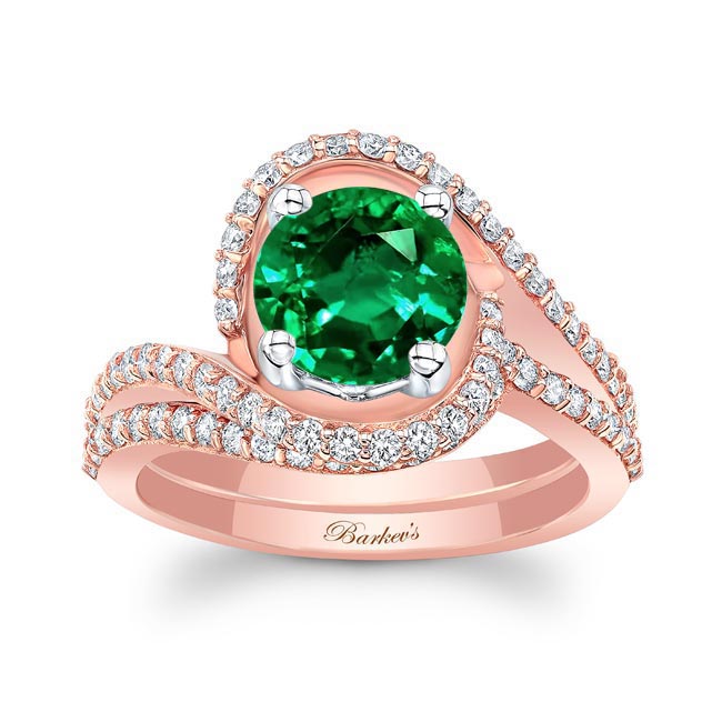 Rose Gold Floating Halo Emerald And Diamond Bridal Set