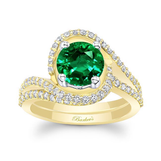 Yellow Gold Floating Halo Emerald And Diamond Bridal Set