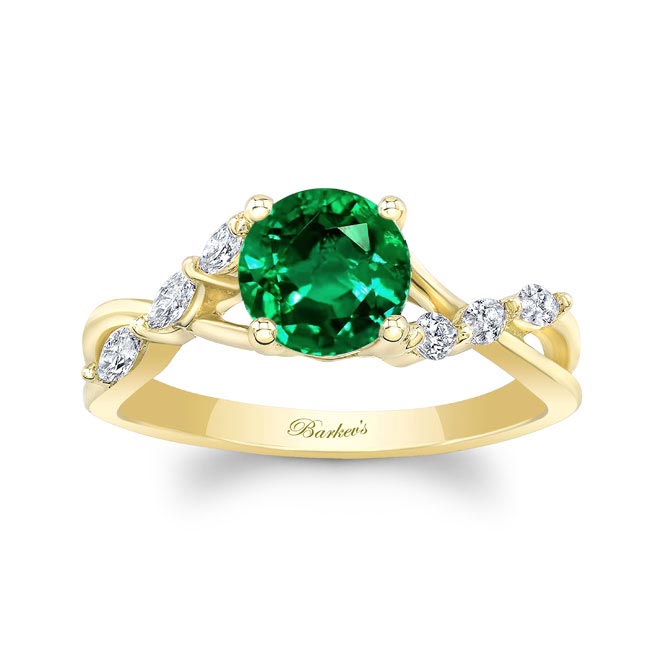Yellow Gold Emerald And Diamond Marquise Accent Ring