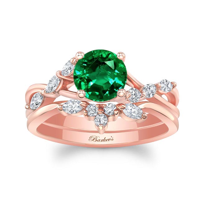 Rose Gold Lab Emerald And Diamond Marquise Accent Wedding Set