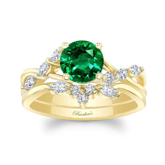Yellow Gold Lab Emerald And Diamond Marquise Accent Wedding Set