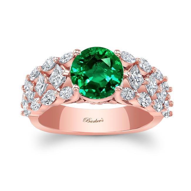 Rose Gold Three Row Lab Grown Emerald And Diamond Ring