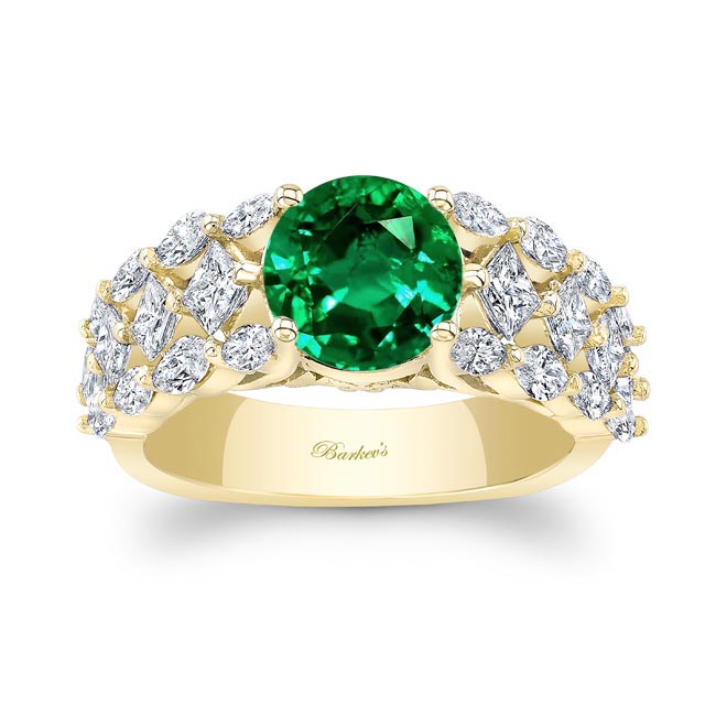 Yellow Gold Three Row Emerald And Diamond Ring