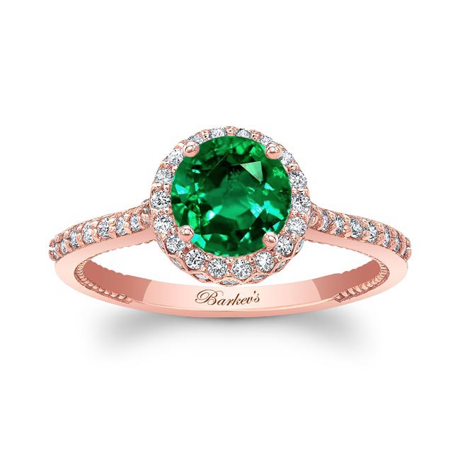 Rose Gold Round Halo Emerald And Diamond Ring