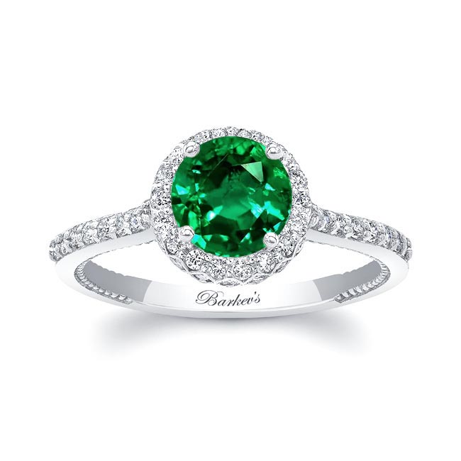 White Gold Round Halo Emerald And Diamond Ring
