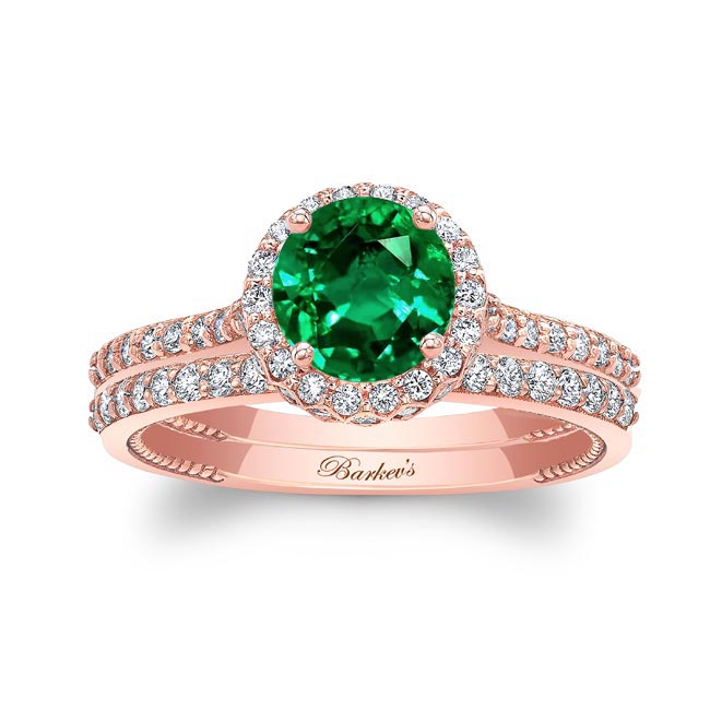 Rose Gold Round Halo Emerald And Diamond Wedding Set