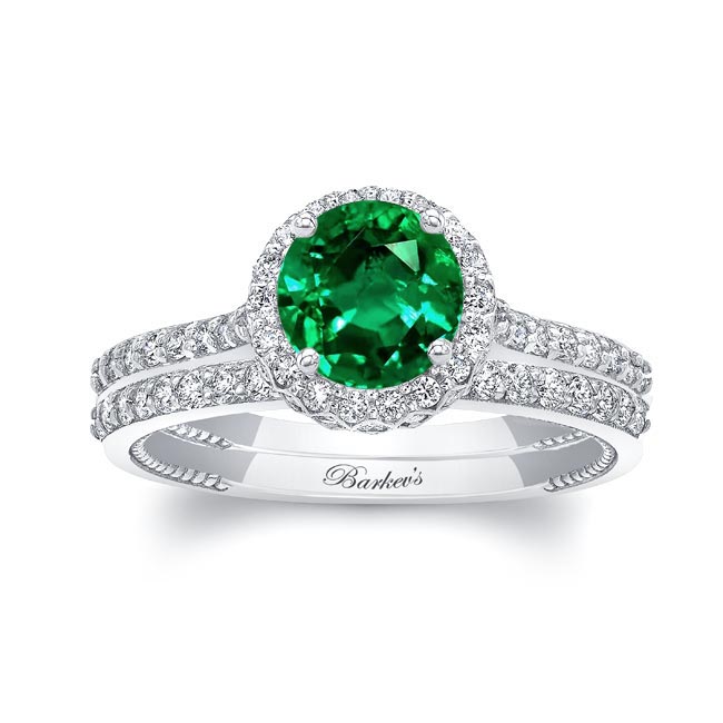 Platinum Round Halo Lab Emerald And Diamond Wedding Set