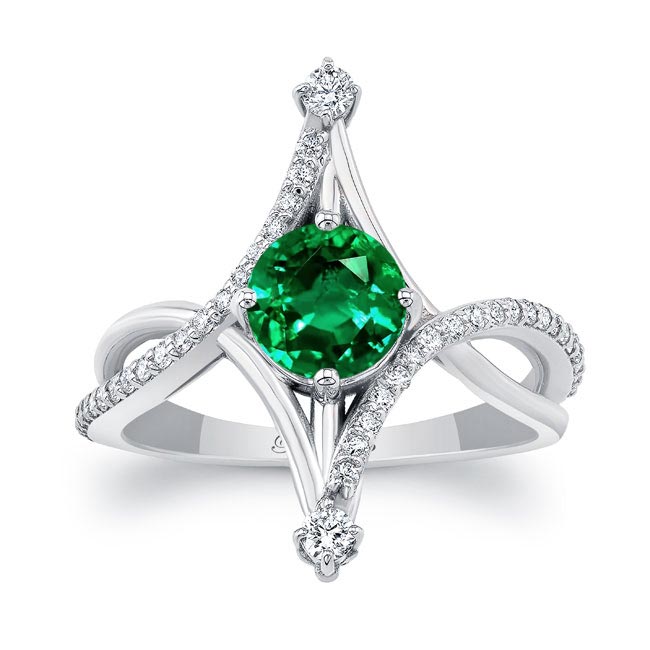White Gold Unusual Round Lab Grown Emerald And Diamond Ring